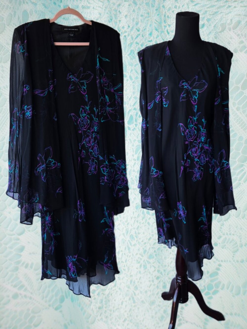 Jones New York Black Silk Evening Jacket Maxi Dress Evening Asymmetric Hem